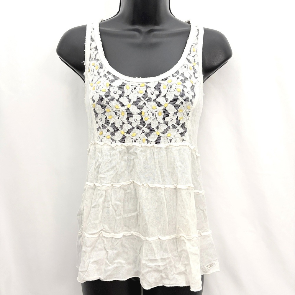Hollister Vintage Lace Tiered Ruffle Tank Top Small White